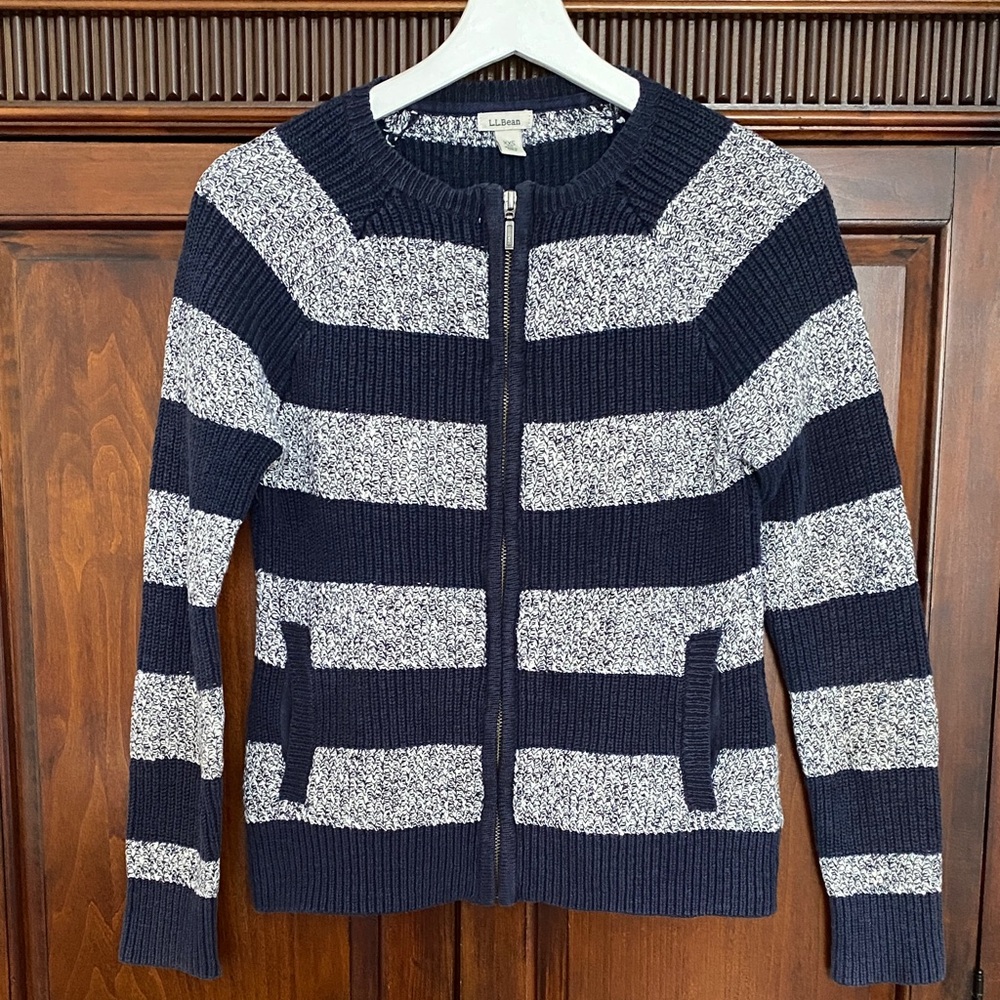 L. L Bean Striped Full Zip Front Cardigan 100% cotton navy marled navy/white XXS